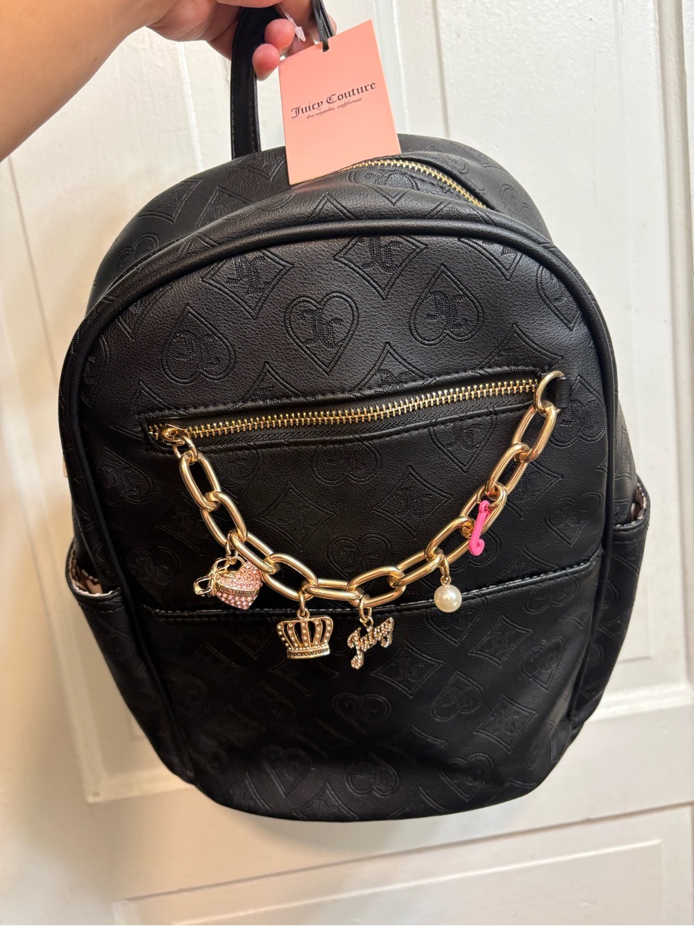 Juicy Couture Black Embossed Backpack with Gold Charm Chain